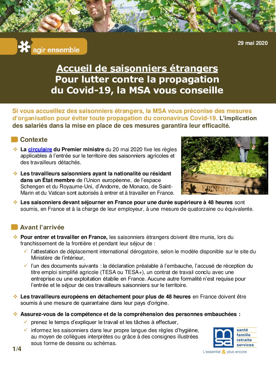 Msa Sante Securite En Agriculture Covid 19 Accueil Des Saisonniers Etrangers